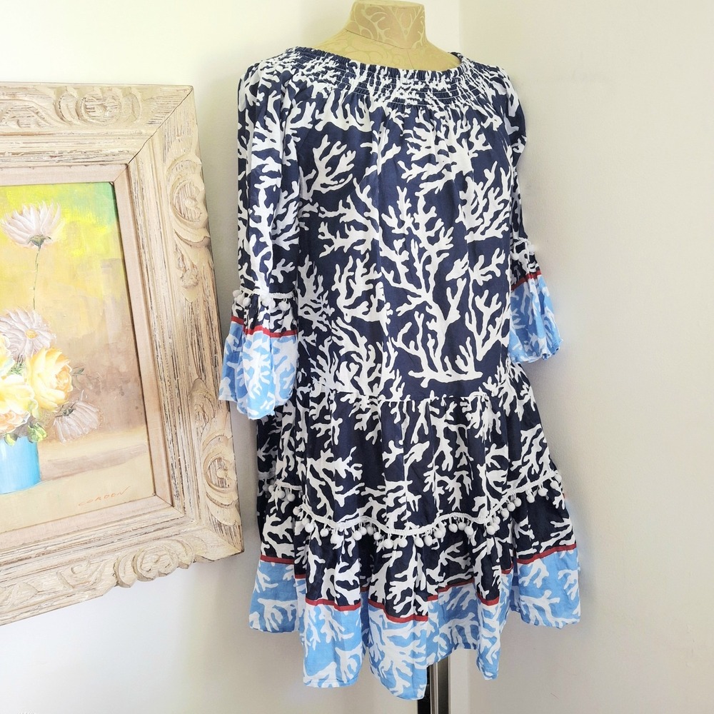 Navy & White Coral Print Off-Shoulder Swim Coverup with Light Blue Trim